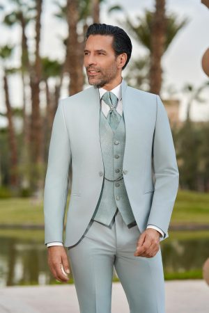 Costume de mariage Bonifacio vert sauge à col officier, avec gilet assorti