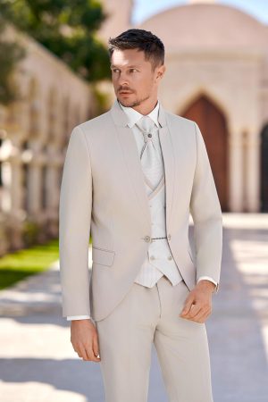 Costume de mariage Alicante beige, col officier et fermeture à chaînette