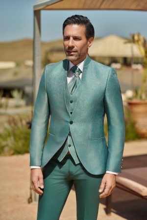 Costume de mariage Barcelone vert, col officier