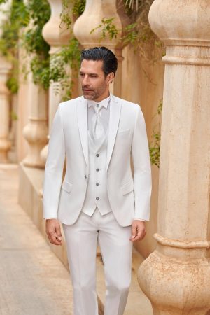 Costume de mariage Berlin ivoire, revers soulignés de satin