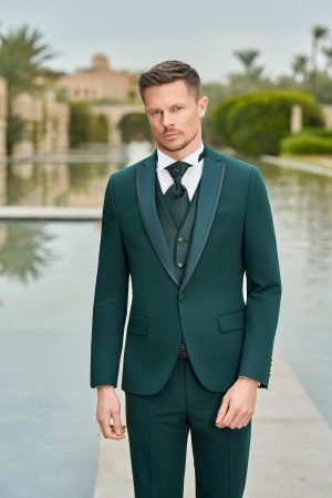 Costume de mariage Berlin vert foncé, revers soulignés de satin