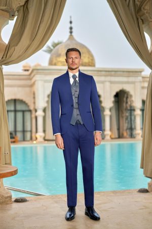 Costume de mariage Bonifacio bleu roi, col officier et gilet à micro-motif
