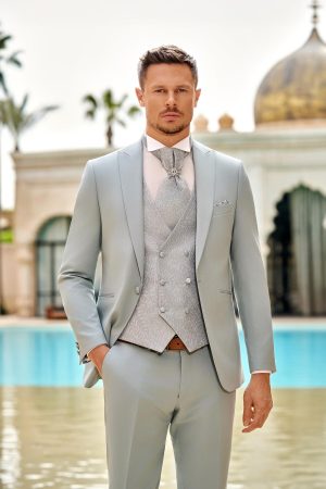Costume de mariage Côme vert sauge, larges revers et gilet assorti
