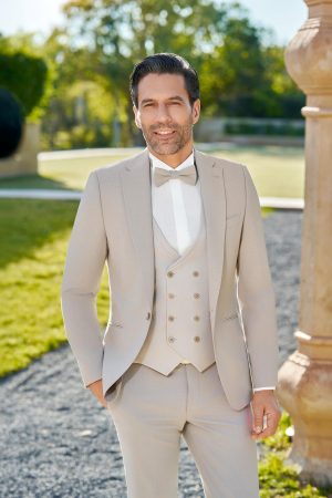 Costume de mariage Gérone beige, gilet croisé