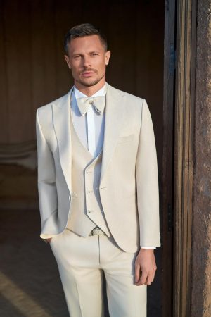 Costume de mariage Pampelonne beige, tissu chiné et revers en pointe