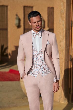 Costume de mariage Pampelonne rose, tissu chiné et revers en pointe