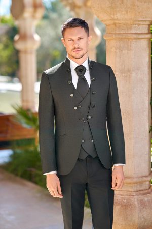 Costume de mariage Panama noir, col officier boutonné