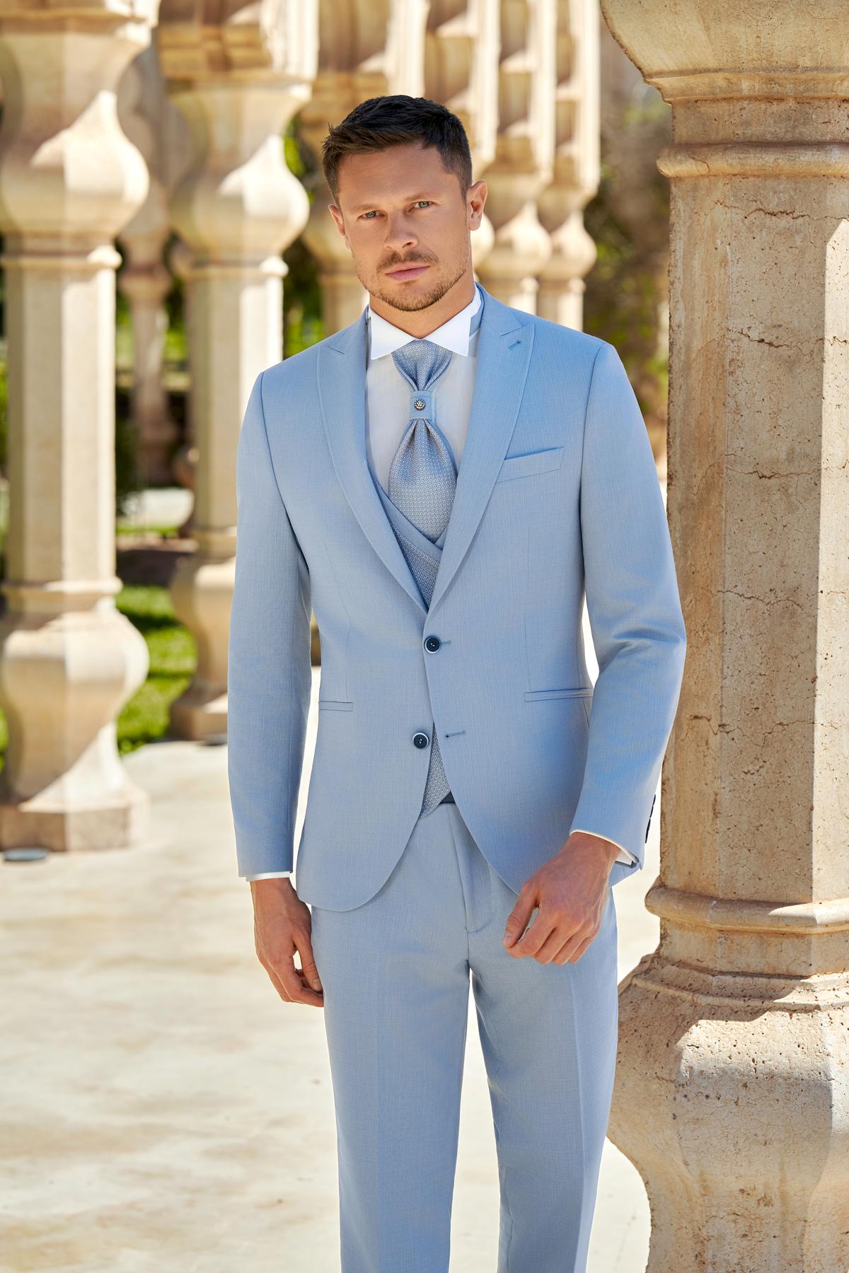 Costume Séoul Bleu Ciel Costume de mariage Séoul bleu ciel, gilet croisé à micro-motif