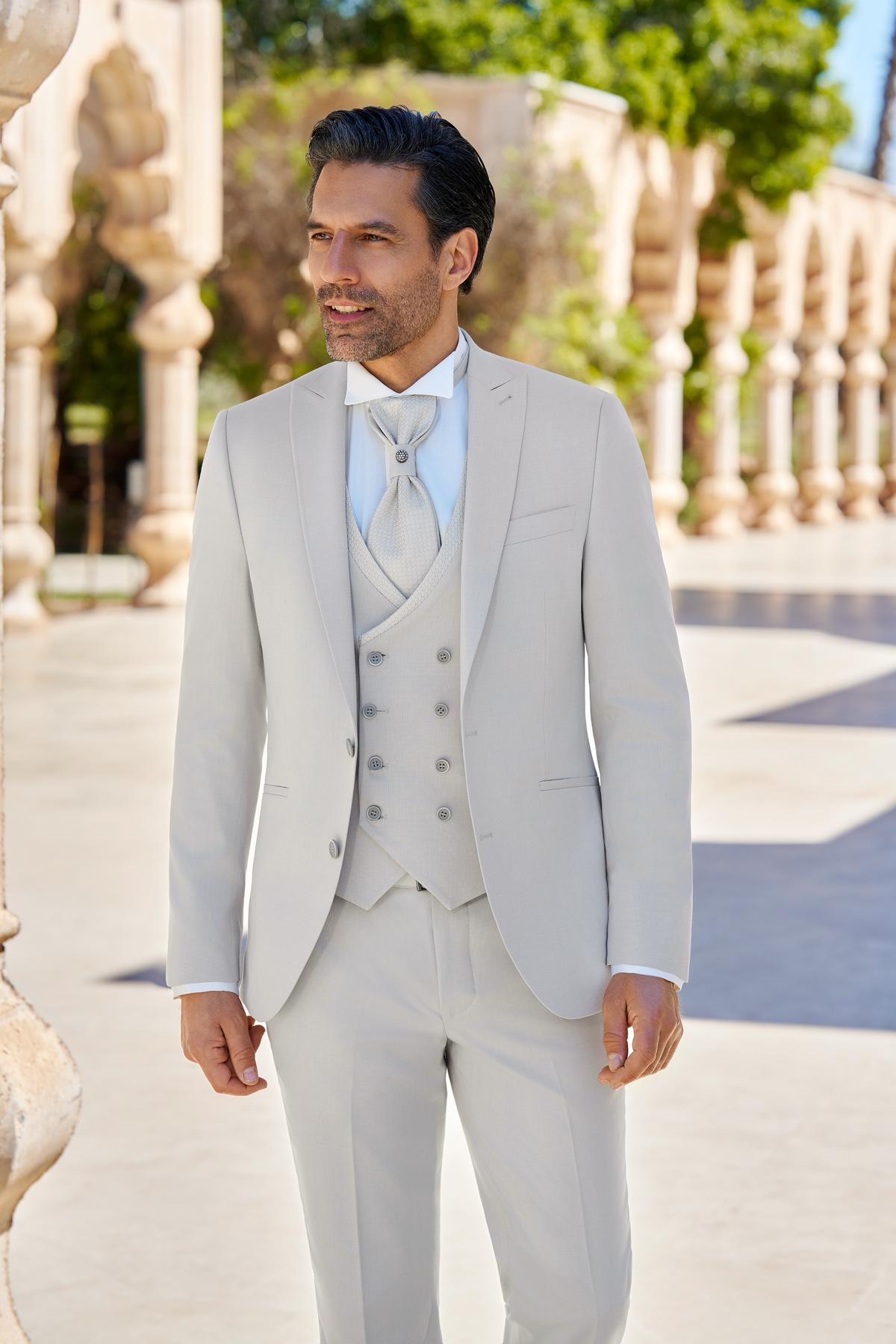 Costume Séoul Greige Costume de mariage Séoul greige, gilet croisé à micro-motif