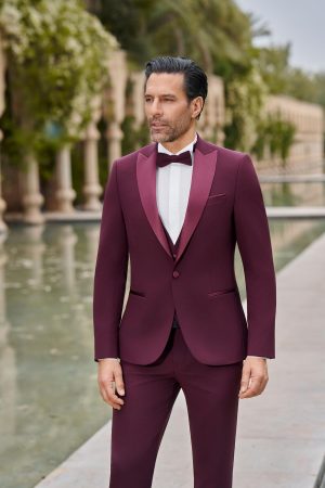 Smoking de mariage Seattle bordeaux, revers en satin